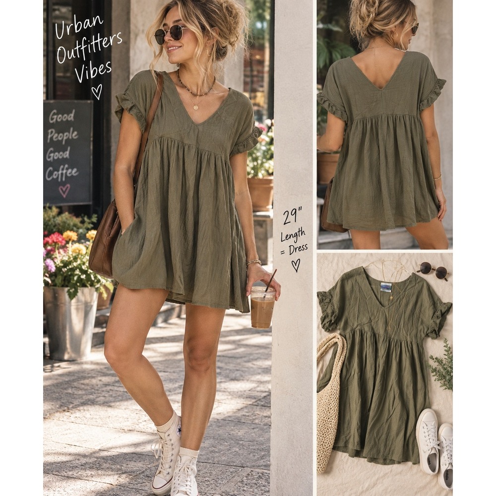 Urban Renewal Vintage Fabric Olive Green Babydoll Ruffle Sleeve Tunic Top XS